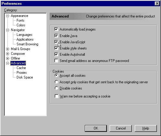 Netscape preferences menu