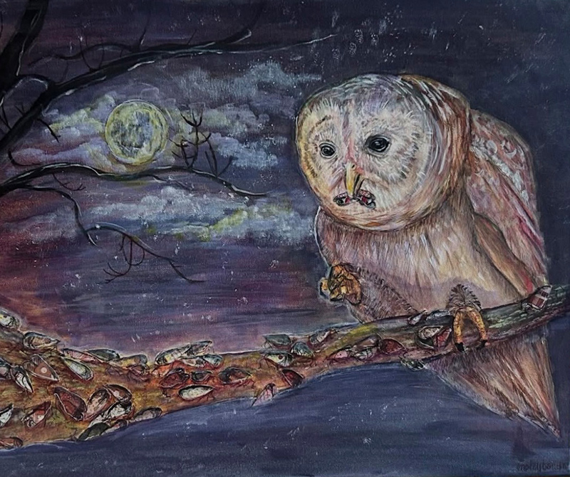 illustration of an owl and flies on a tree branch